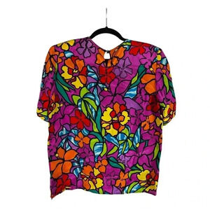 Vintage Christie & Jill 100% Silk Floral Hawaiian Blouse Top Flower Color Pop S